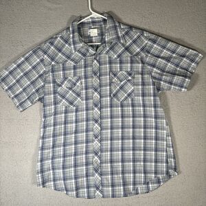 Wrangler Wrancher Mens XL Gray Plaid Short‎ Sleeve Pearl Snap Western Shirt